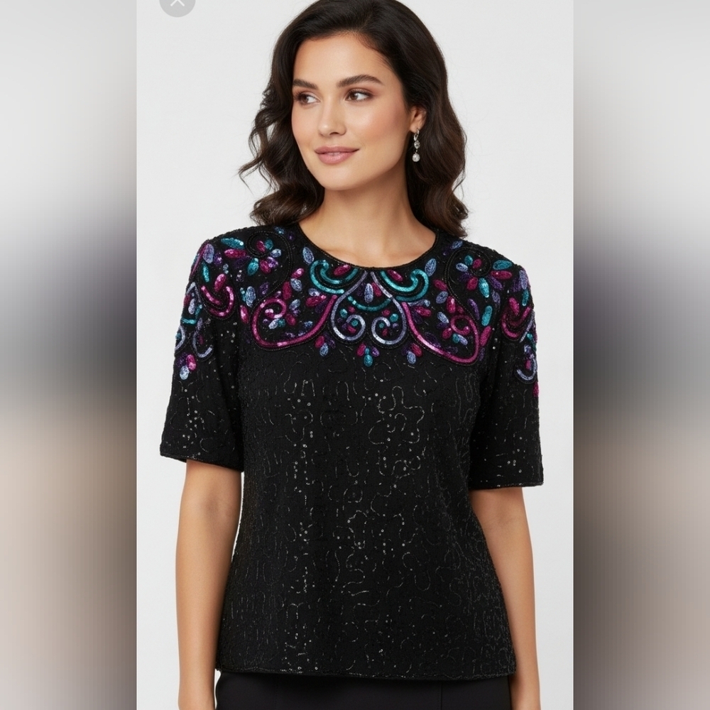 Scala 100% Pure silk blouse with sequin size medium